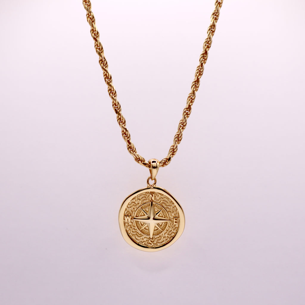 Gold Compass Coin Pendant Curb Chain Necklace For Men or Women - Boutique  Wear RENN